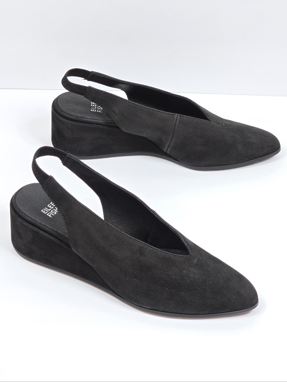 Eileen Fisher Devi Nubuck Leather V-Shape Slingback Almond Toe Wedge Pumps 7.5